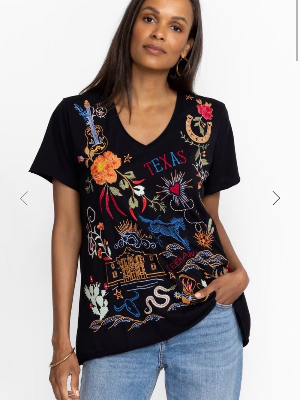 Johnny Was Texas Everyday Embroidered V-Neck Tee